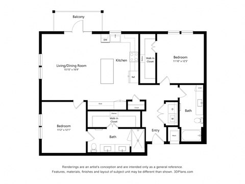 Floor plan for 2 beds, 2 baths, 1275 sqft